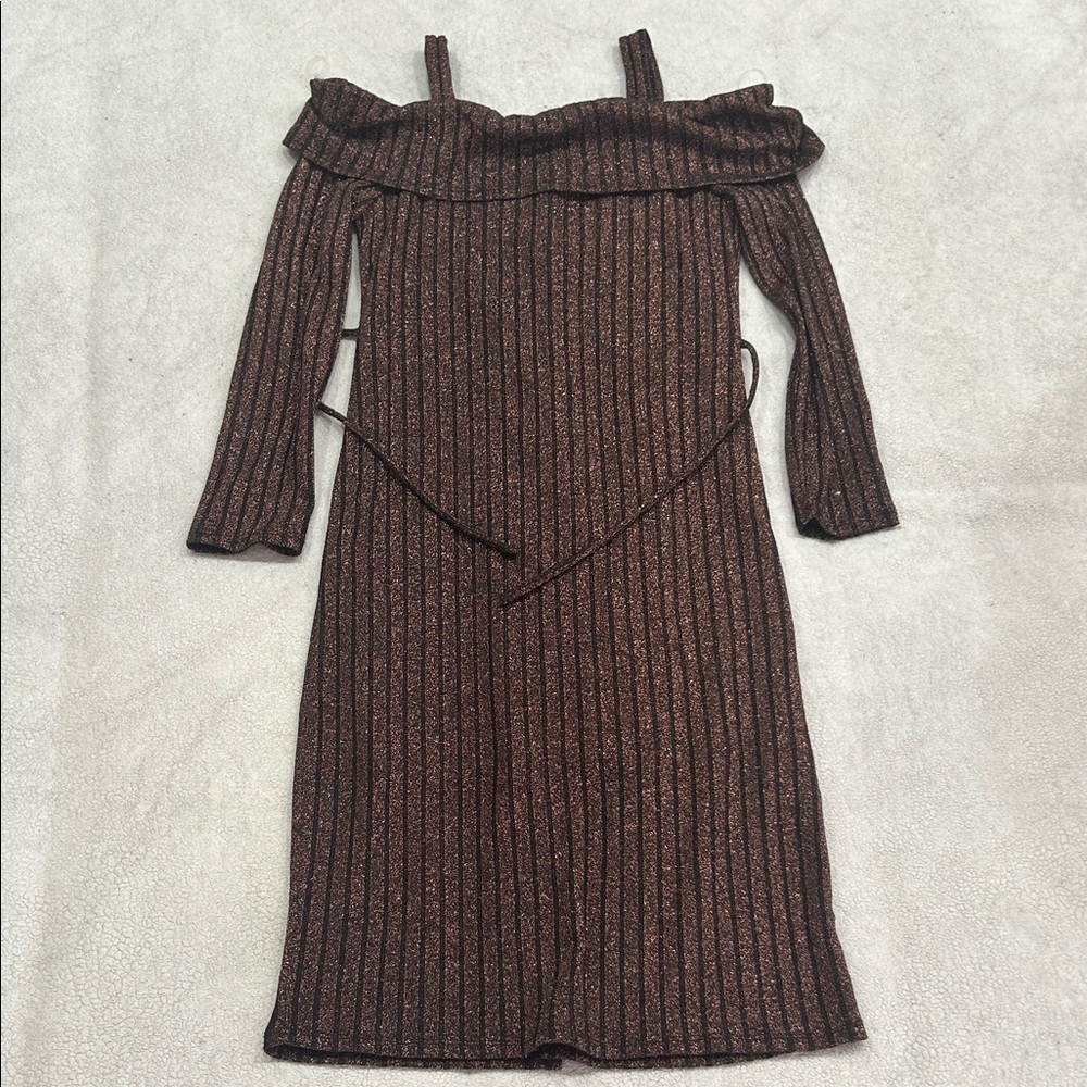 Brown Off-Shoulder Glittery Ribbed Dress